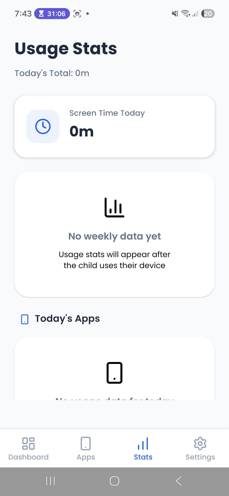 Parent app showing detailed screen time statistics and charts